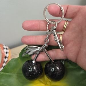 Black Glitter Cherry Bag Purse Charm- Silver, NEW